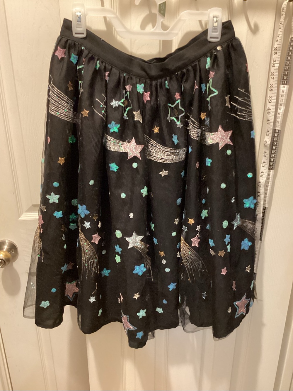 Black Skater Skirt with Multicolor Star Embroidery